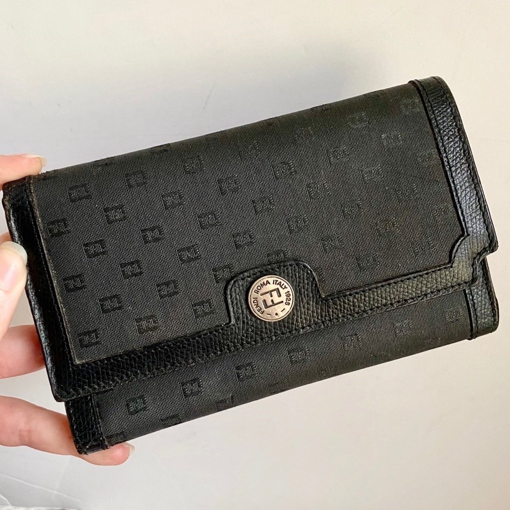 Vintage 70s Fendi Logo Print Fabric Wallet Black